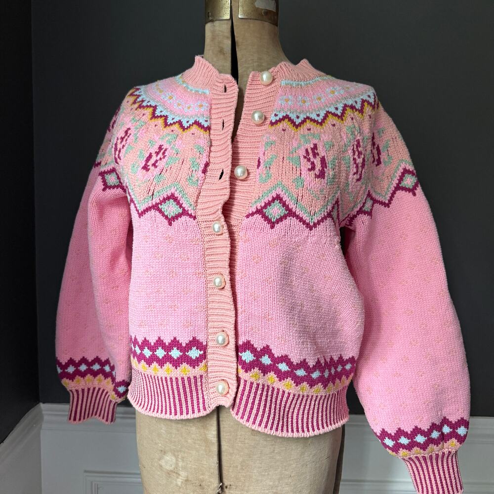 LoveShackFancy Honeypie Boyfriend Cardigan Berry Smash Pink Fair Isle M